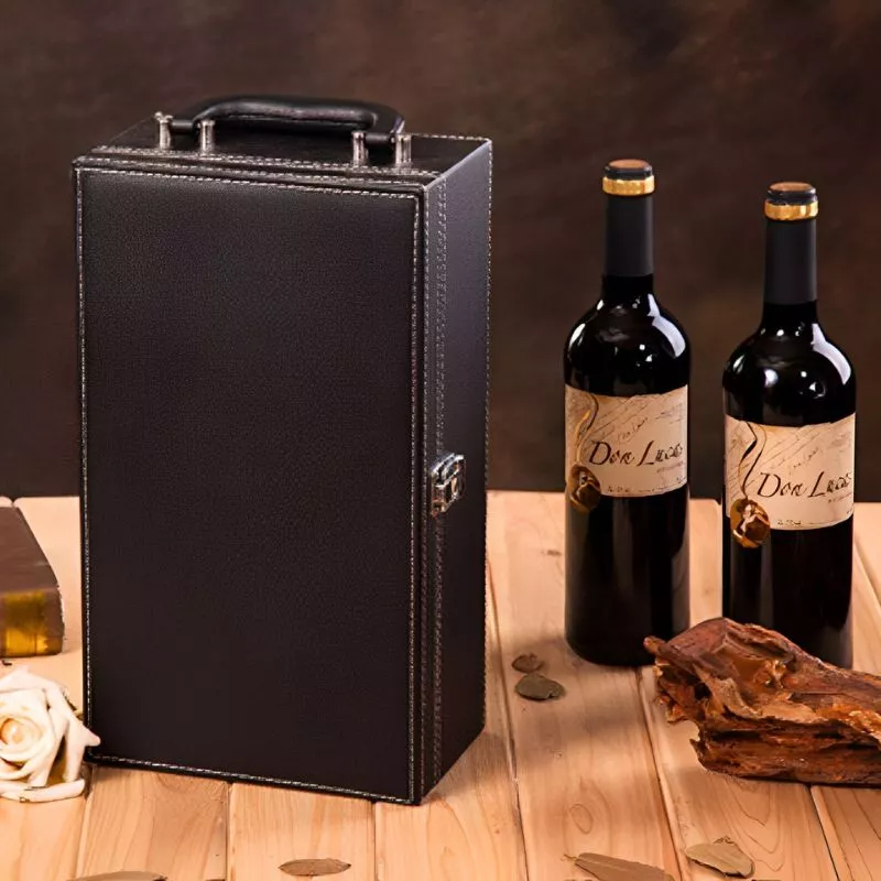 Cutie de vin Deluxe pentru 2 sticle cu accesorii de vin incluse din piele ecologica neagra fina [1]
