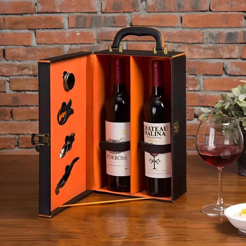 Cutie de vin Deluxe pentru 2 sticle cu accesorii de vin incluse interior oranj [2]