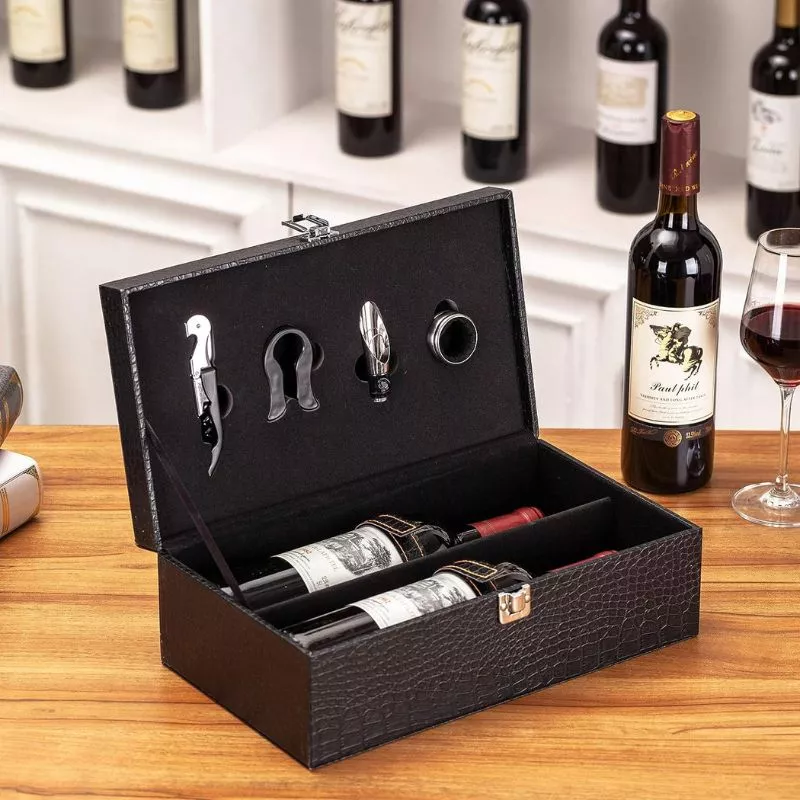 Cutie de vin Deluxe pentru 2 sticle cu accesorii de vin incluse piele ecologica de sarpe [11]