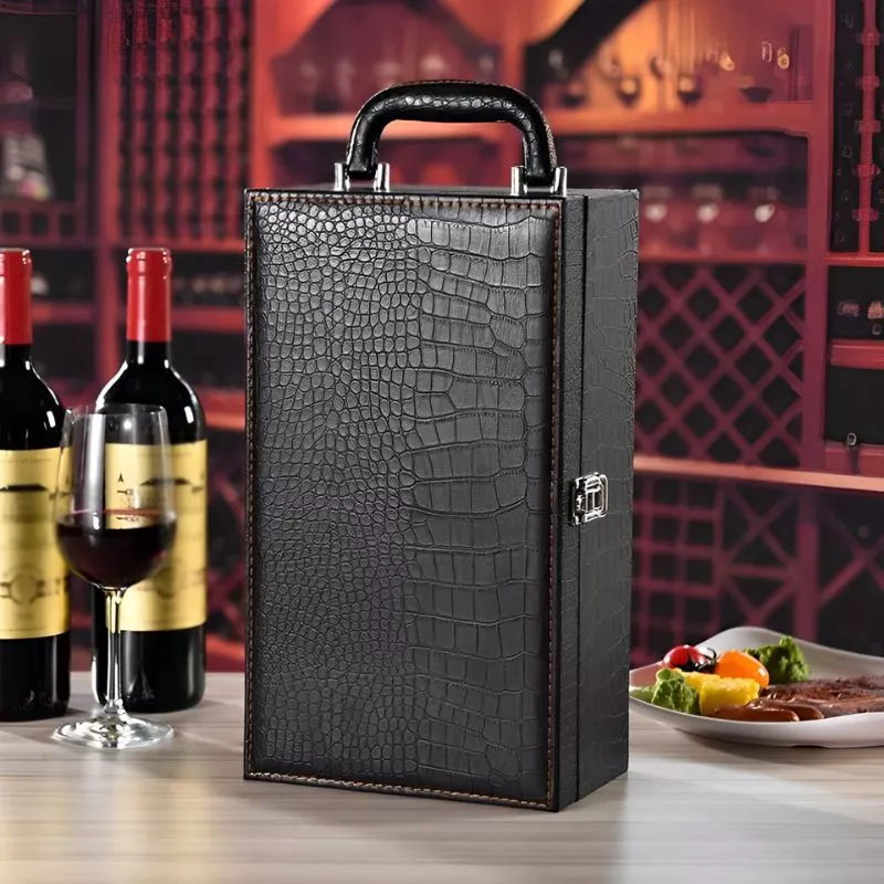 Cutie de vin Deluxe pentru 2 sticle cu accesorii de vin incluse piele ecologica de sarpe [2]