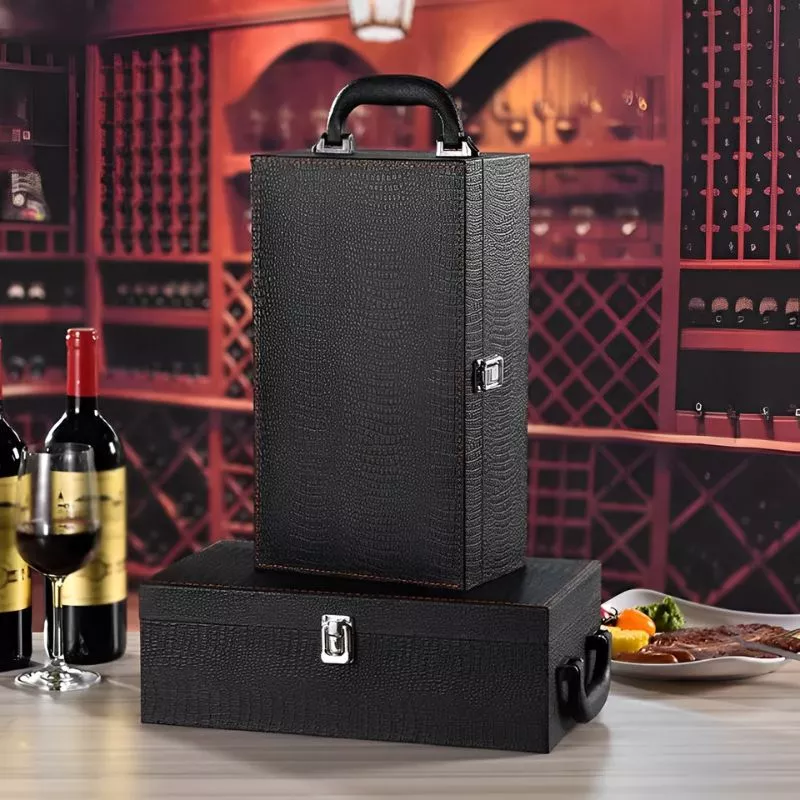 Cutie de vin Deluxe pentru 2 sticle cu accesorii de vin incluse piele ecologica de sarpe [3]