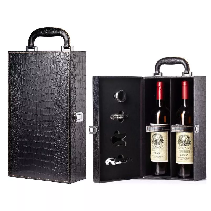 Cutie de vin Deluxe pentru 2 sticle cu accesorii de vin incluse piele ecologica de sarpe [15]