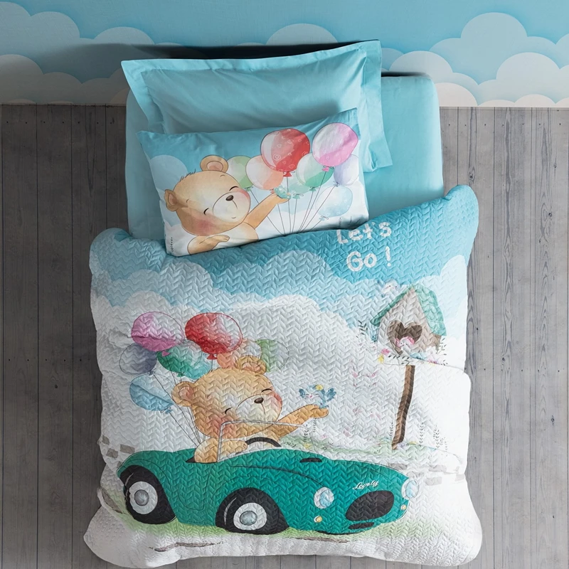 Cele mai noi - Cuvertura bumbac Buddy - Albastru, 180x230 cm, 1 fata de perna, cearsaf elastic