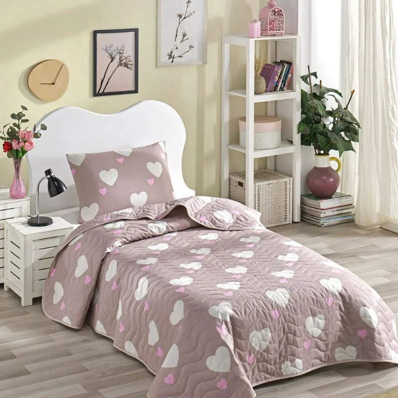 Home & Deco - Cuvertura matlasata Herz - Roz prafuit, 160x220 cm, 1 fata de perna