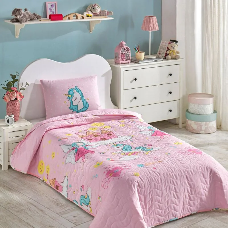 Home & Deco - Cuvertura pat single copii, model unicorn, 160x220 cm, o husa de perna