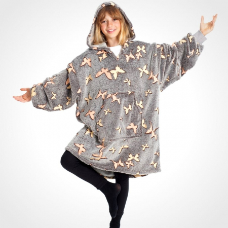 Cadouri Copii - Hanorac patura cu gluga pentru copii, Iluminat, Fluturasi, 240g/mp