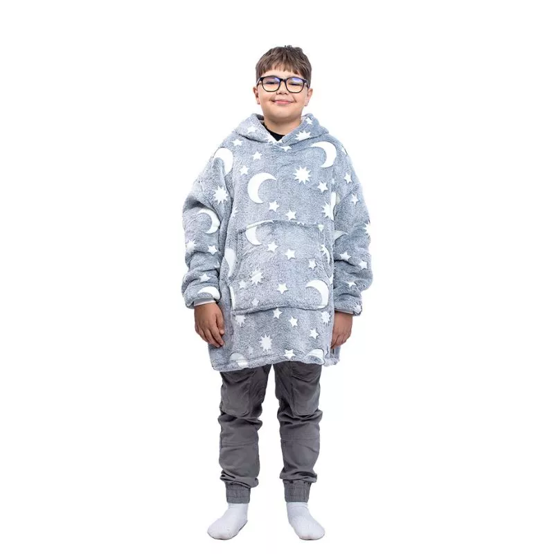 Hanorac patura cu maneci baieti Grey Luna Fosforescenta cu buzunar cangur Flanel & Polar 440g/mp 105 cm [13]