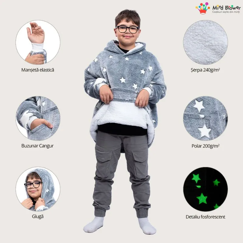 Hanorac patura cu maneci baieti Grey Stelute Fosforescente cu buzunar cangur 440g/mp 105 cm [2]