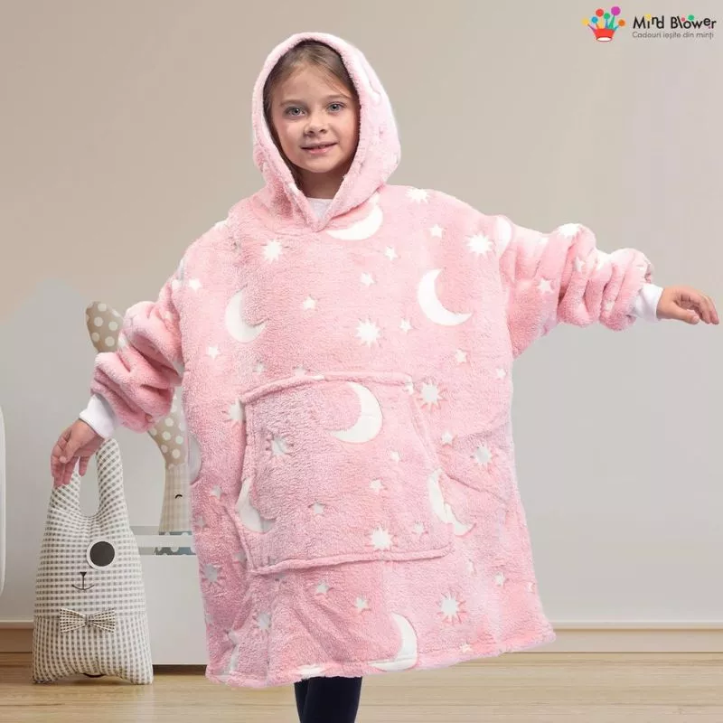 Hanorac patura cu maneci fete Luna Fosforescenta Roz cu buzunar cangur Flanel & Polar 440g/mp 105 cm [14]
