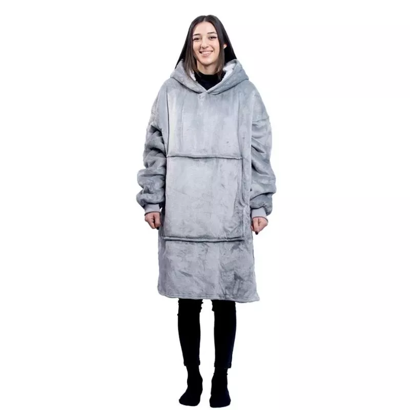Hanorac patura cu maneci gluga si buzunar cangur Flanel & Polar 480g/mp 135 cm Gri [17]