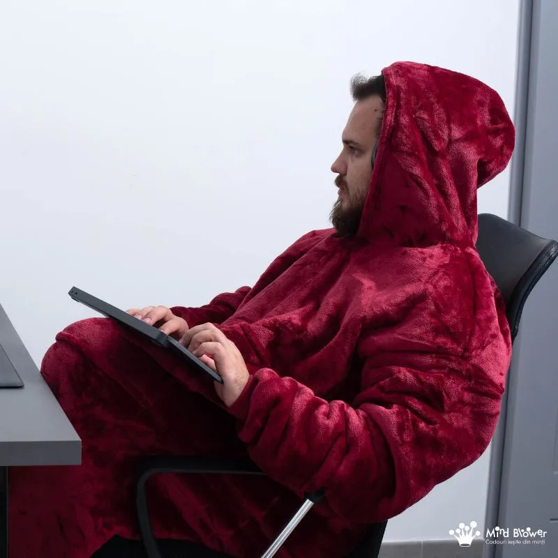 Hanorac patura cu maneci gluga si buzunar cangur Flanel & Polar 480g/mp 165 cm Rosu [11]