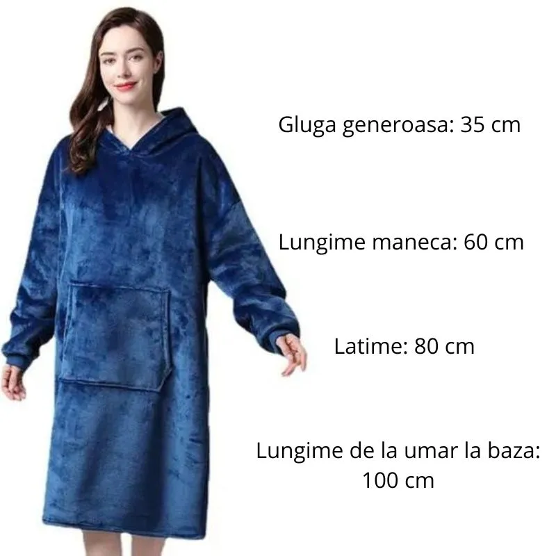 Hanorac patura cu maneci gluga si buzunar cangur Flanel & Polar 370g/mp 135 cm Albastru [8]
