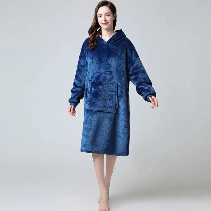 Hanorac patura cu maneci gluga si buzunar cangur Flanel & Polar 370g/mp 135 cm Albastru [1]