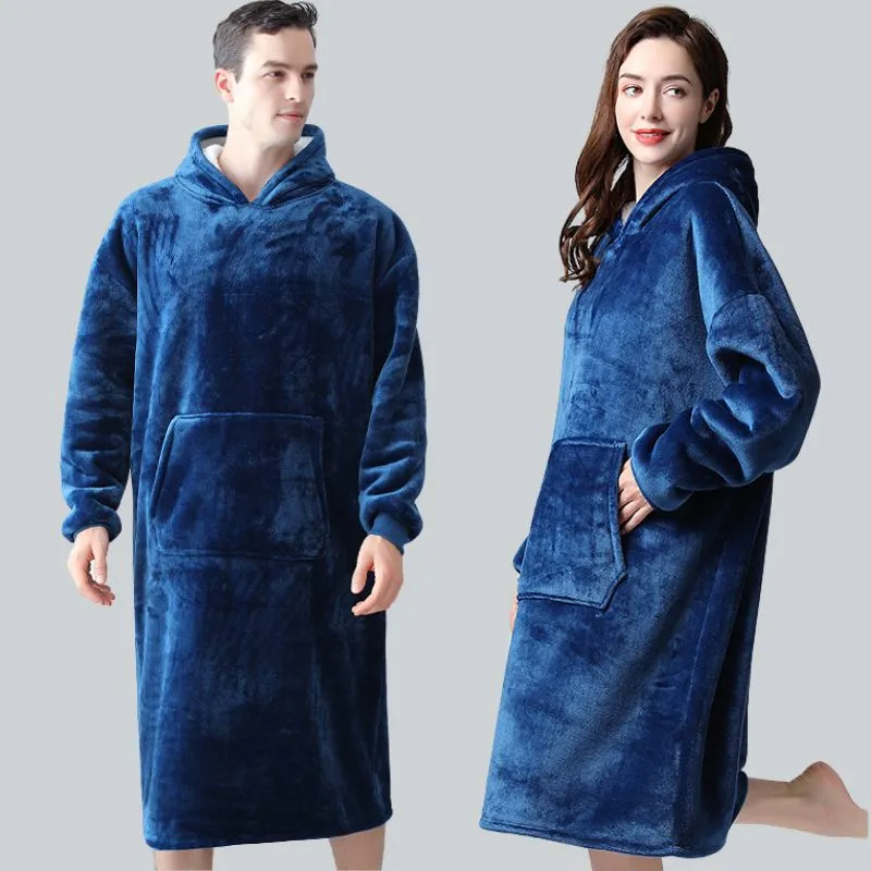 Hanorac patura cu maneci gluga si buzunar cangur Flanel & Polar 370g/mp 135 cm Albastru [0]