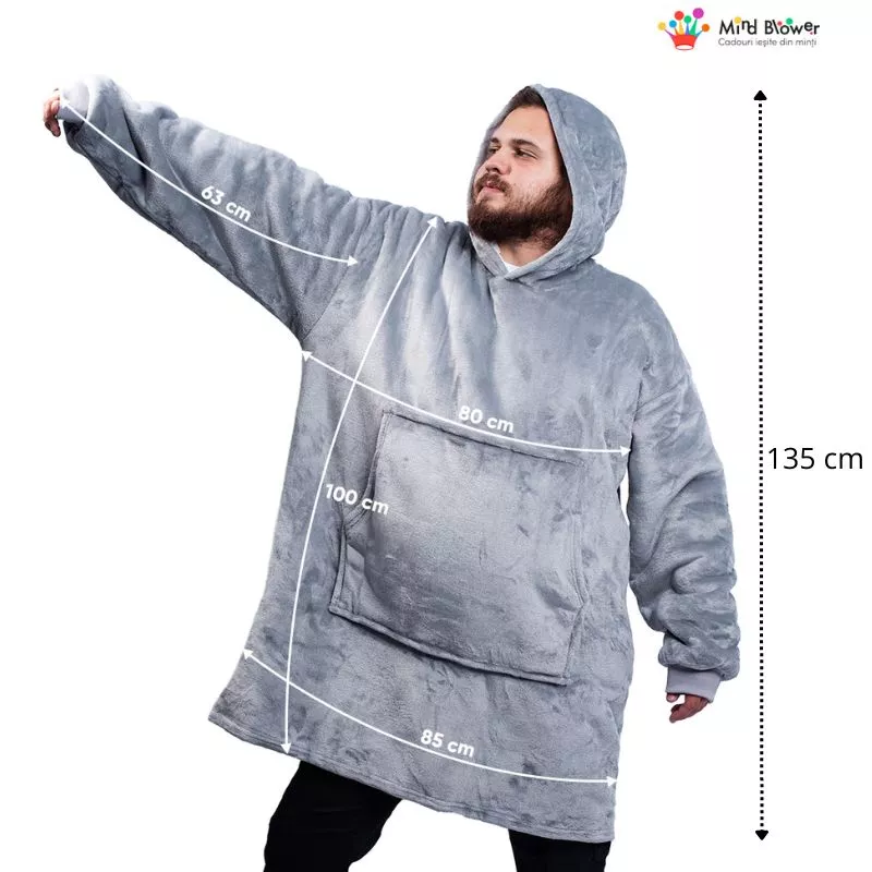 Hanorac patura cu maneci gluga si buzunar cangur Flanel & Polar 480g/mp 135 cm Gri [5]