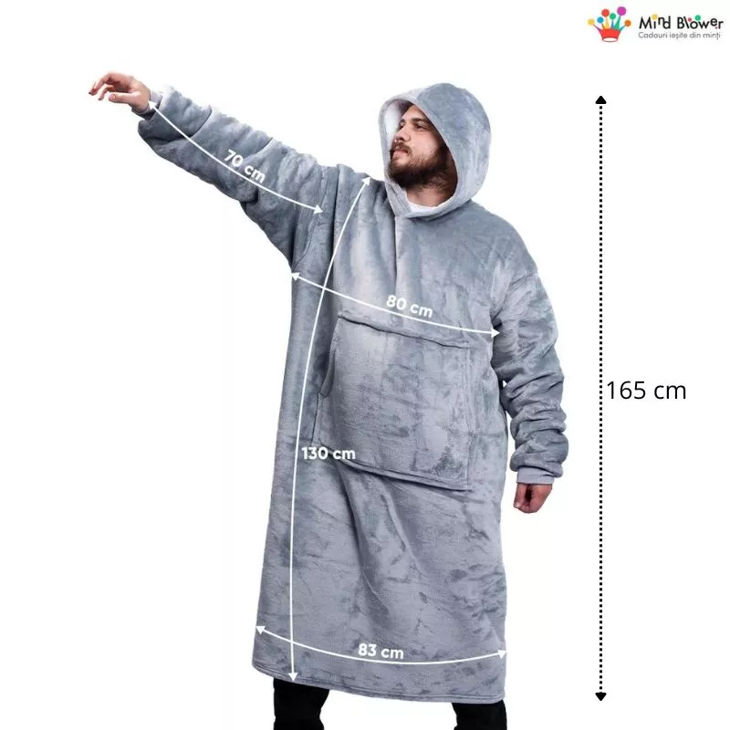 Hanorac patura cu maneci gluga si buzunar cangur Flanel & Polar 480g/mp 165 cm Gri [5]