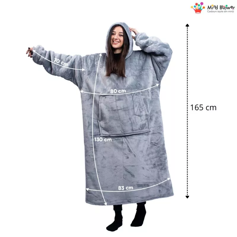 Hanorac patura cu maneci gluga si buzunar cangur Flanel & Polar 480g/mp 165 cm Gri [3]