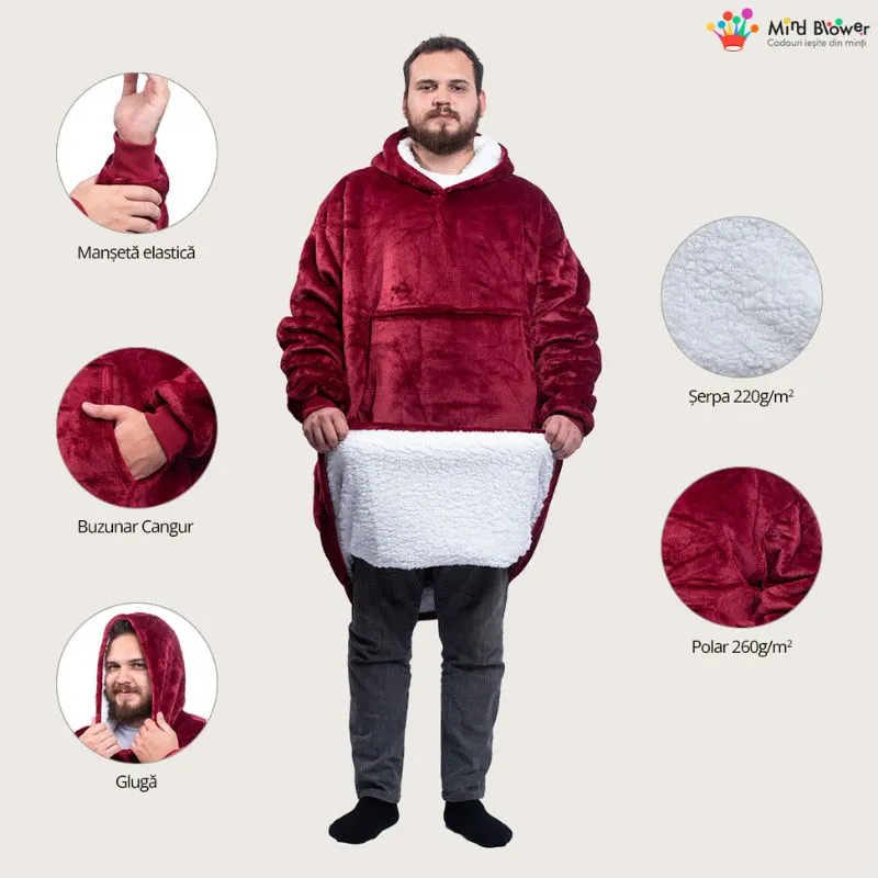 Hanorac patura cu maneci gluga si buzunar cangur Flanel & Polar 480g/mp 165 cm Rosu [4]