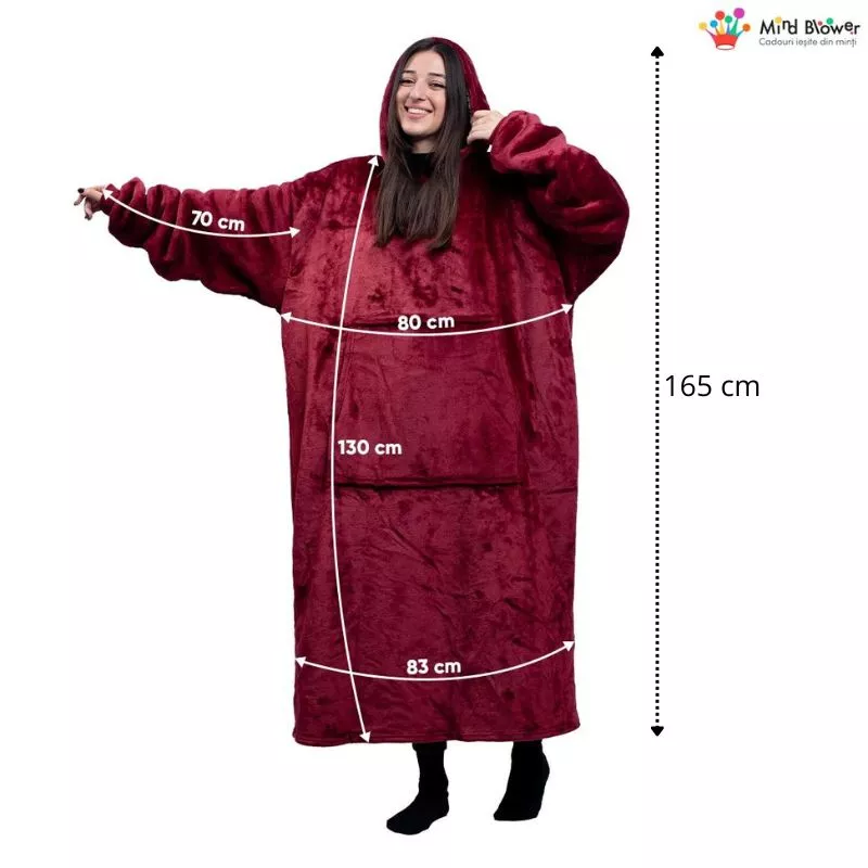 Hanorac patura cu maneci gluga si buzunar cangur Flanel & Polar 480g/mp 165 cm Rosu [3]
