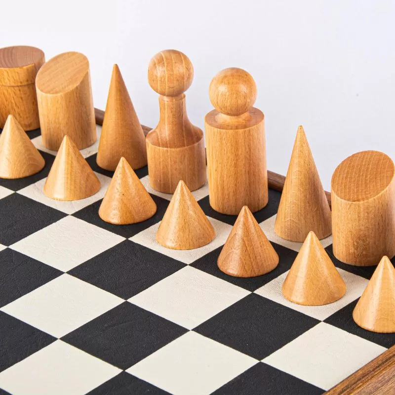 Joc Sah Bauhaus caseta 40x40cm tabla si piese din lemn Black-White Leatherette [4]