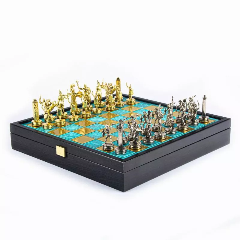 Cadouri - Joc Sah Gladiatori si Filozofi caseta 34 x 34 cm piese gold & silver si tabla de sah Turquoise