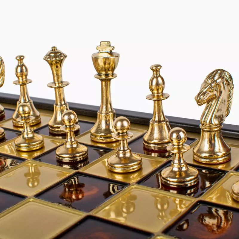 Joc Sah Staunton caseta 34 x 34 cm piese gold & silver si tabla de sah Bronze Red [4]