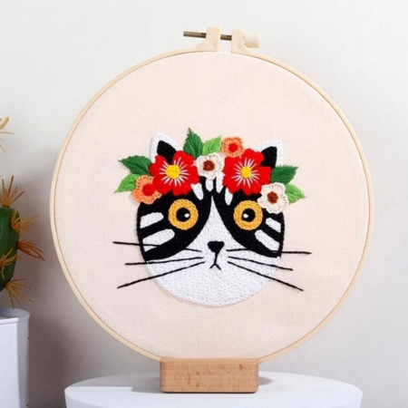 Kit Broderie DIY, Pisicuta cu flori, Crem [0]