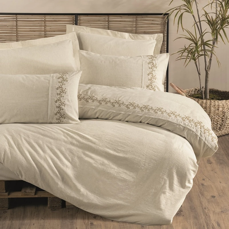 Cele mai noi - Lenjerie bumbac-linen Darian - Crem, 200x220 cm, 4 fete de perna, cearsaf