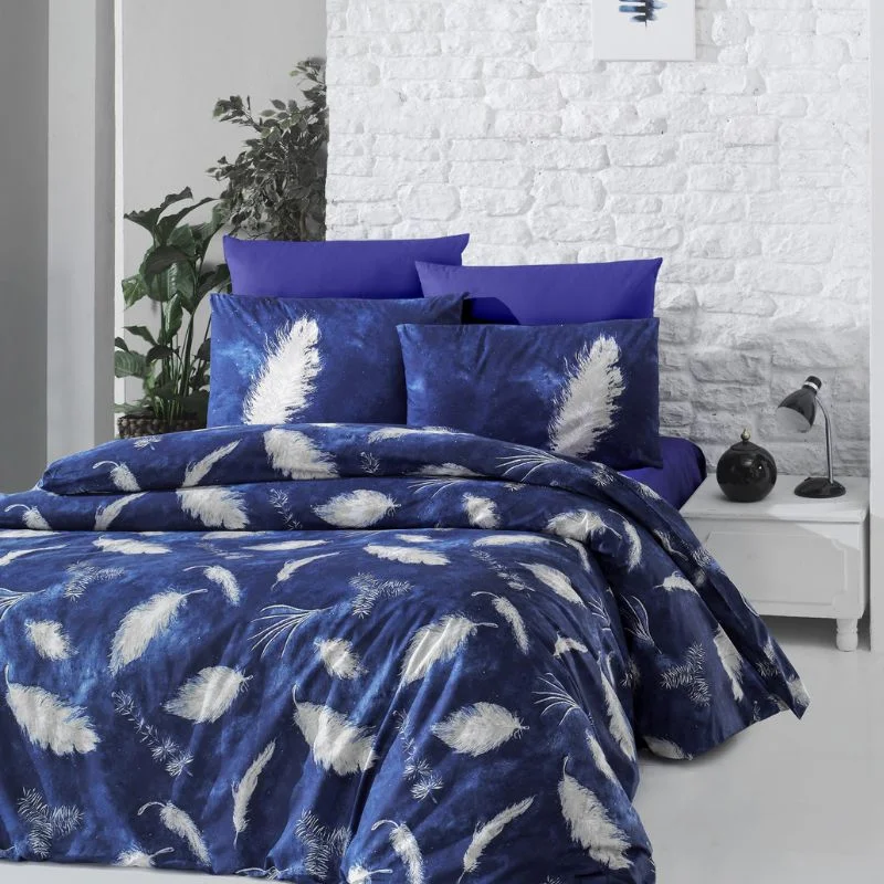 Cele mai noi - Lenjerie bumbac ranforce Feather - Bleumarin, 160x220 cm, 1 fata de perna, cearsaf