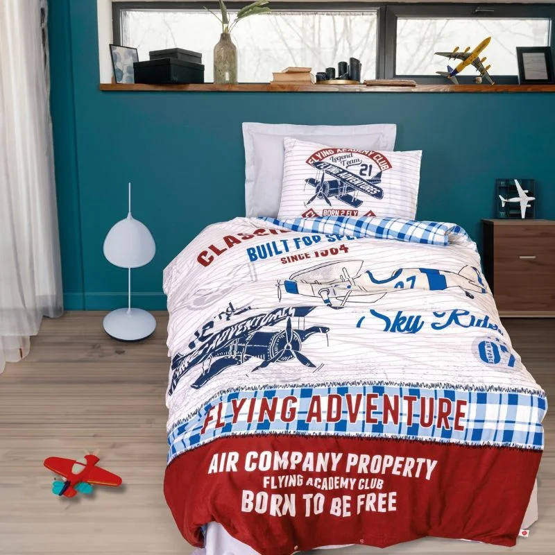 Home & Deco - Lenjerie pat bumbac ranforce Flying - Gri, 160x220 cm, 1 fata de perna cearsaf