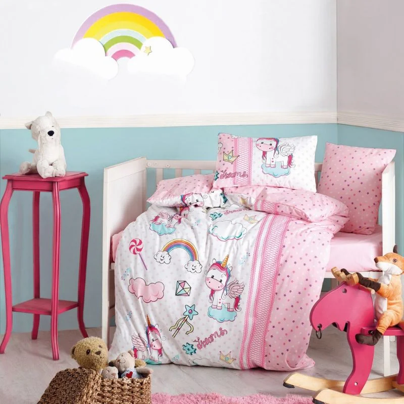 Cele mai noi - Lenjerie pat copii bumbac ranforce, model unicorn, 100x150 cm, doua huse de perna