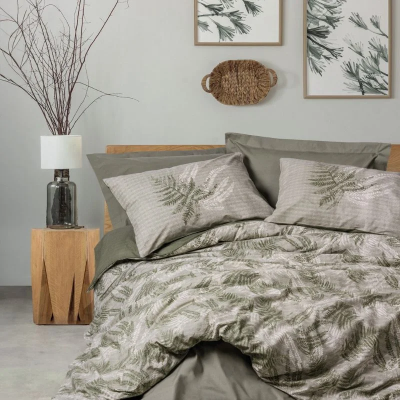 Home & Deco - Lenjerie pat ranforce Frond - Kaki, 160x220 cm, 2 fete de perna