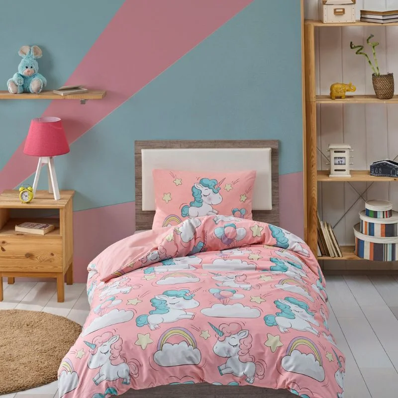Home & Deco - Lenjerie pat single copii, model unicorn, 140x200 cm, o husa de perna
