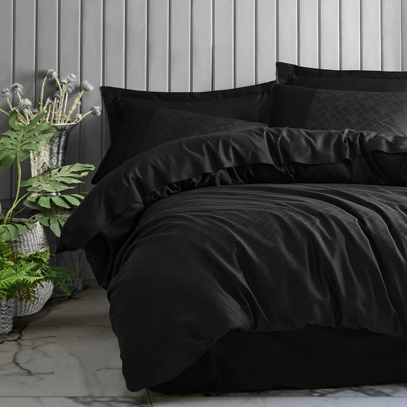 Cele mai noi - Lenjerie satinata jacquard Dama - Negru, 200x220 cm, 4 fete de perna, cearsaf