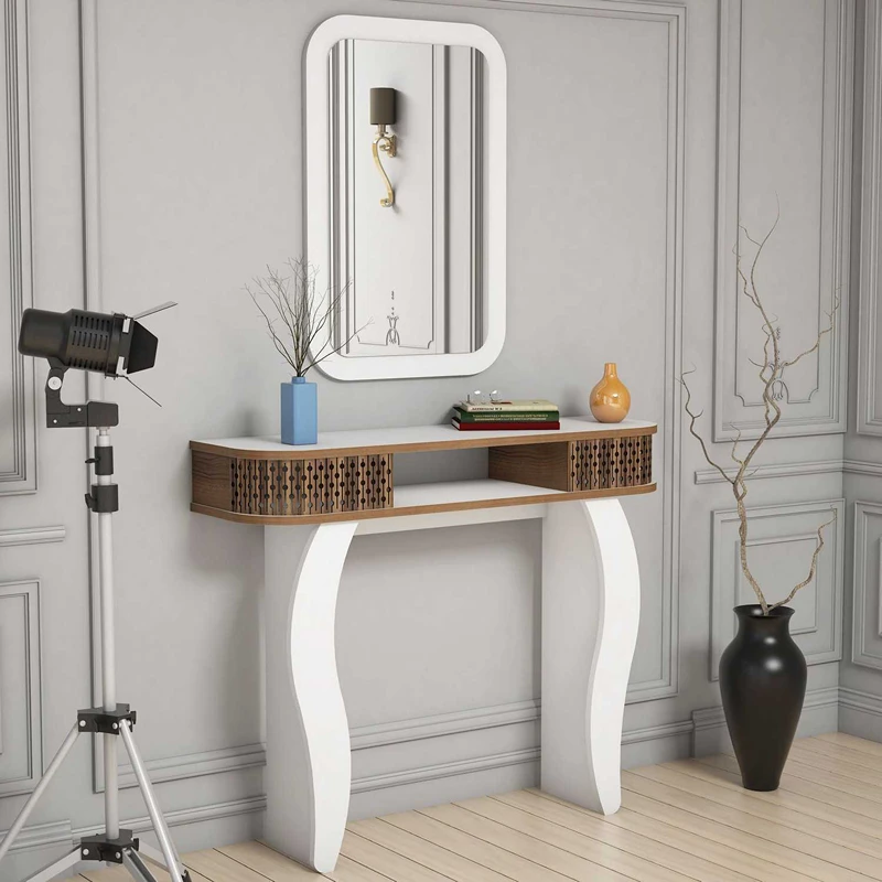 Masa de toaleta alba, cu oglinda si rafturi, design elegant, 105 cm [2]