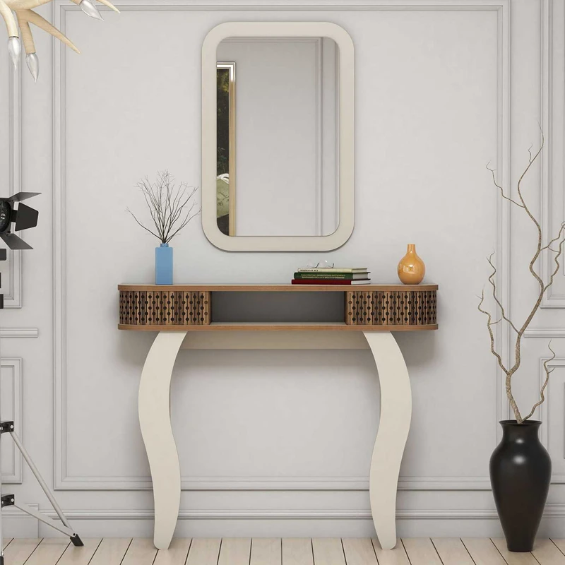 Cele mai noi - Masa de toaleta crem, cu oglinda si rafturi, design elegant, 105 cm