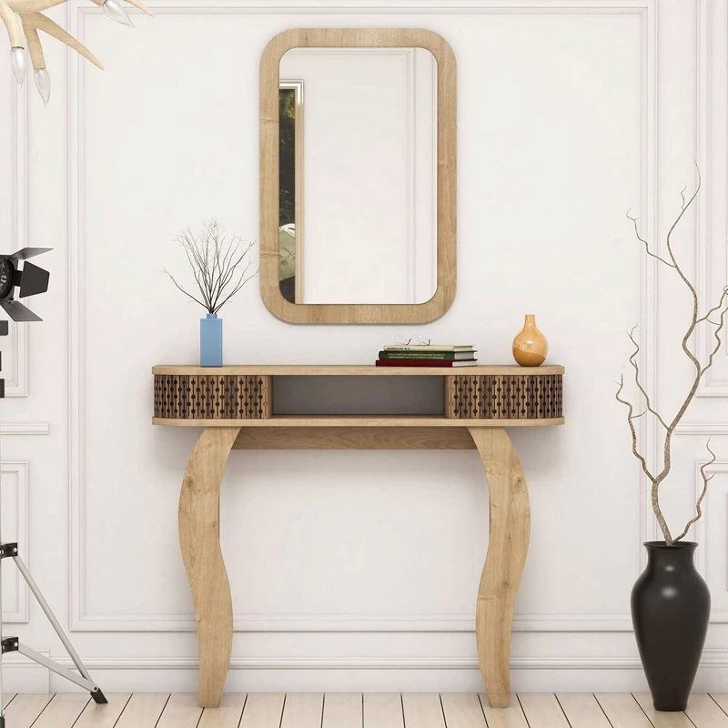 Cele mai noi - Masa de toaleta Damla stejar, cu oglinda si rafturi, design elegant, 105 cm