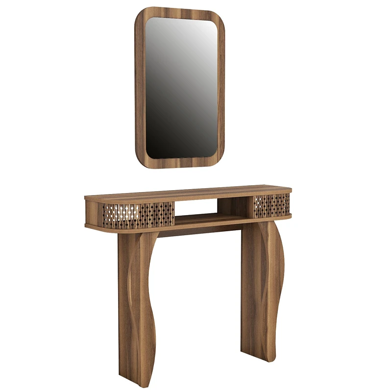 Masa de toaleta nuc, cu oglinda si rafturi, design elegant, 105 cm [3]
