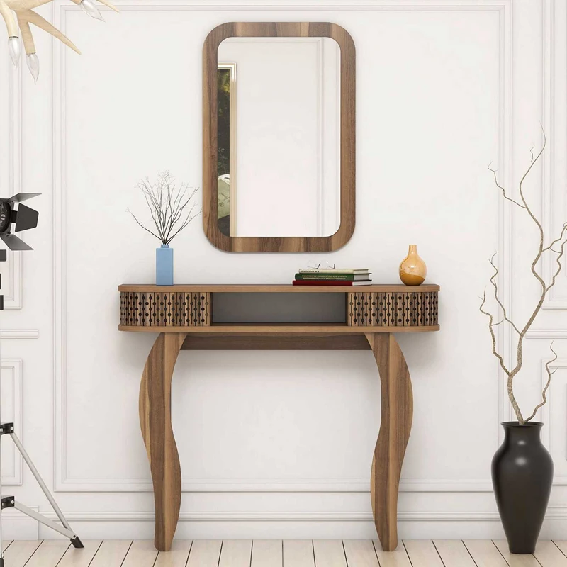 Cele mai noi - Masa de toaleta nuc, cu oglinda si rafturi, design elegant, 105 cm