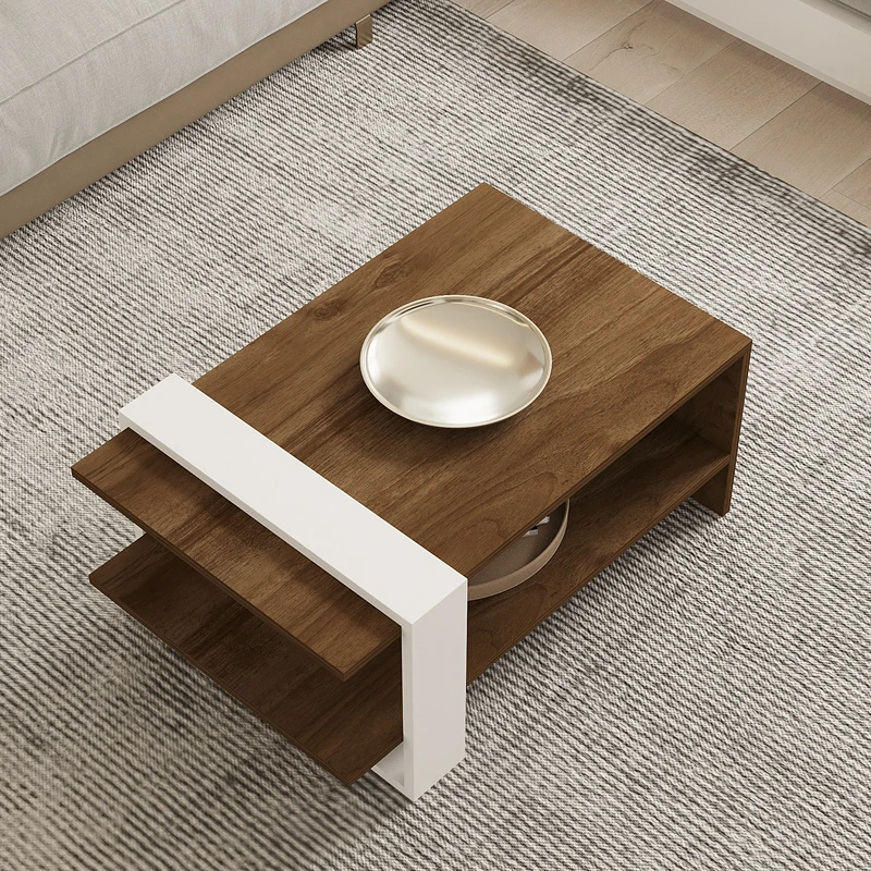 Masuta de cafea Gaye, nuc si alb, cu rafturi, 80 cm [2]