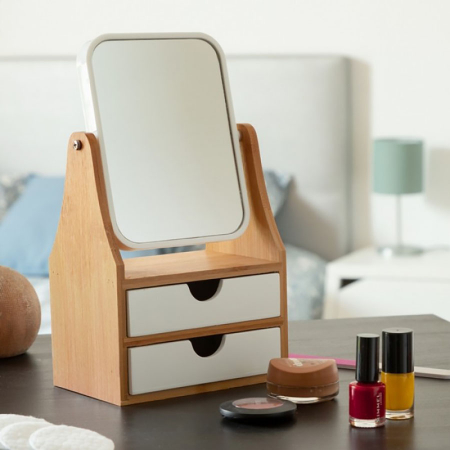 Cadouri Ziua Indragostitilor - Mini stand cosmetica, oglinda cu doua sertare din bambus