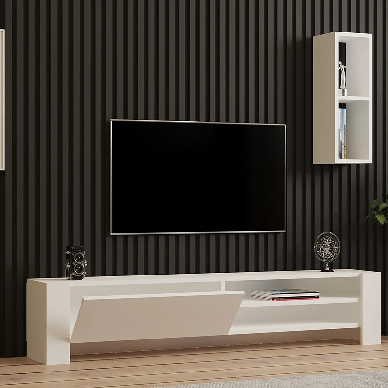 Mobilier TV Naz, alb, design modern, rafturi suspendate, 160 cm [1]