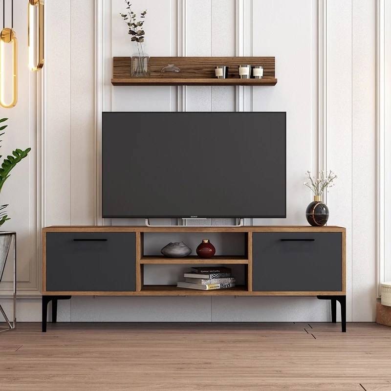 Mobilier TV Riga, lemn nuc si antracit, cu rafturi si picioare metalice, 140 cm [2]