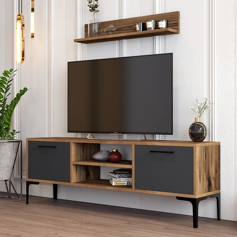 Mobilier TV Riga, lemn nuc si antracit, cu rafturi si picioare metalice, 140 cm [1]