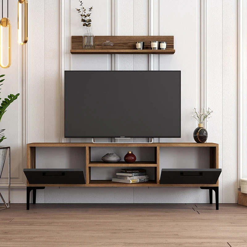 Mobilier TV Riga, lemn nuc si antracit, cu rafturi si picioare metalice, 140 cm [0]