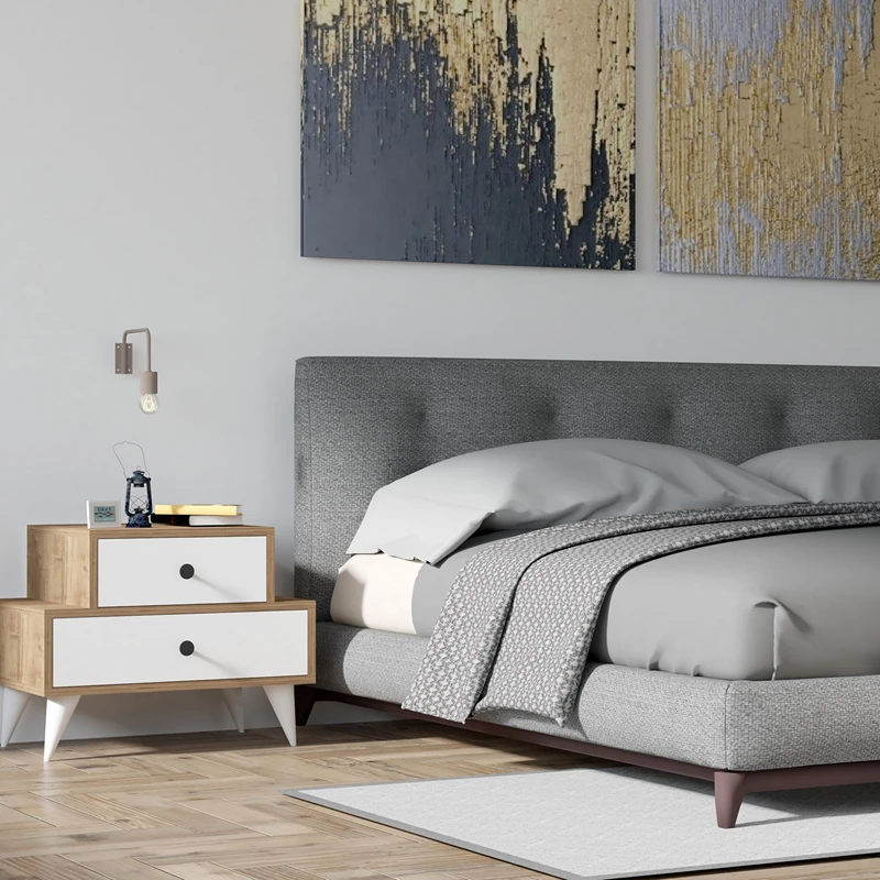 Noptiera Mise, design modern, alb si nuc, cu 2 sertare si spatiu de depozitare, 63 cm [0]