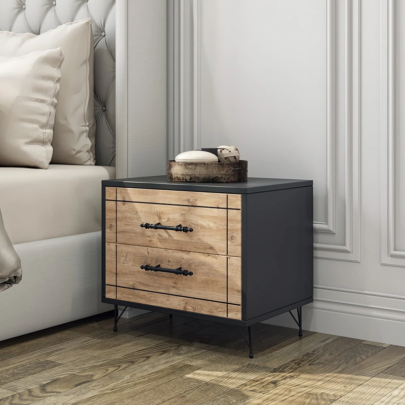 Noptiera Night stejar, negru, cu sertare telescopice si picioare metalice [0]