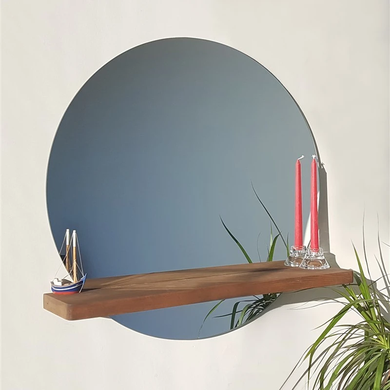 Cele mai noi - Oglinda rotunda cu raft din lemn de pin, stil minimalist