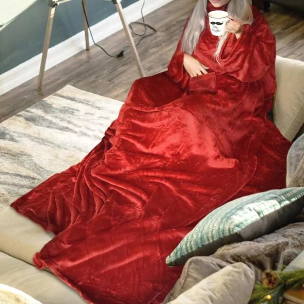 Patura cu maneci, buzunar si prindere la spate, Super Catifelata, 340g/mp, Rosie [1]