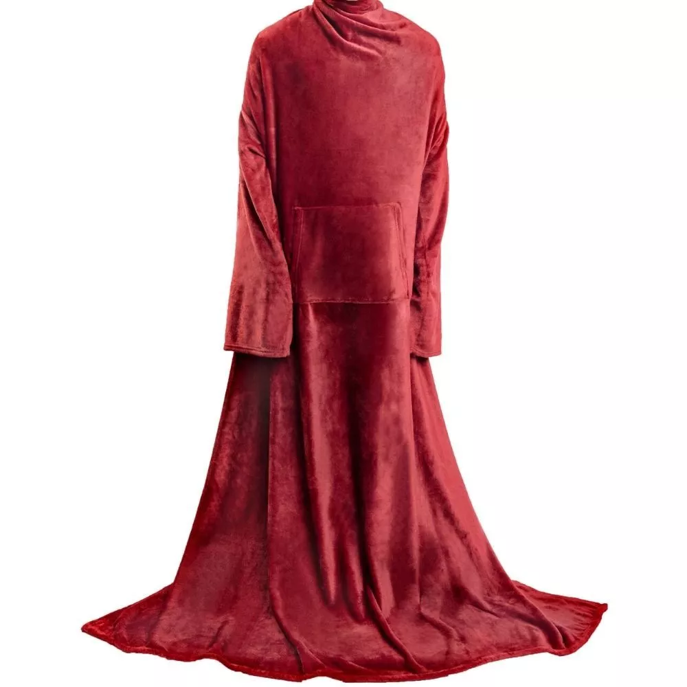 Patura cu maneci, buzunar si prindere la spate, Super Catifelata, 340g/mp, Rosie [12]